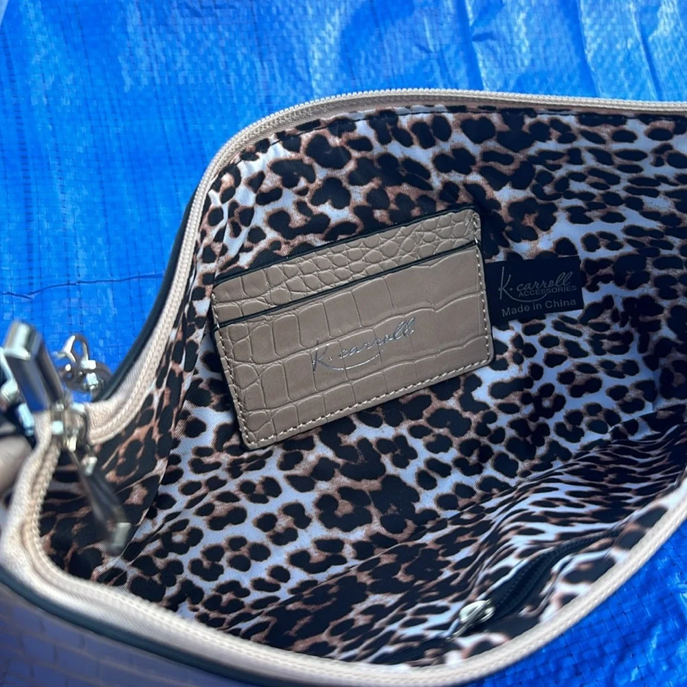 K. Carroll Taupe color Lauren Baguette Satchel. Vegan leather, croc texture